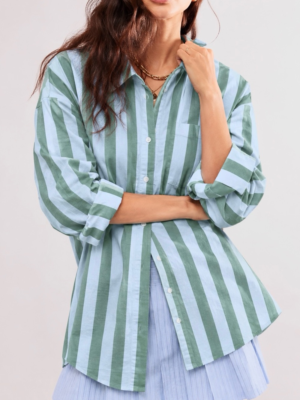 Old Navy Green and White Vertical Stripe Button-Down Shirt